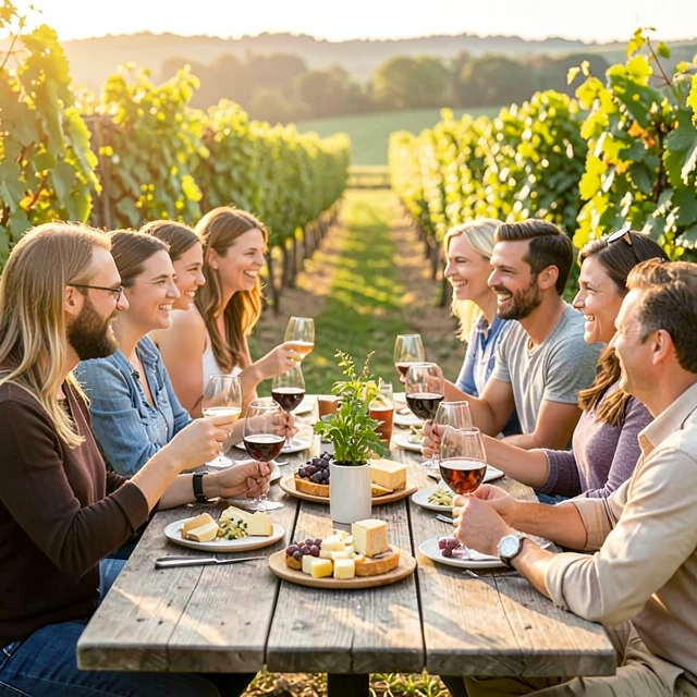 Group of friends wine tasting in a vineyard.