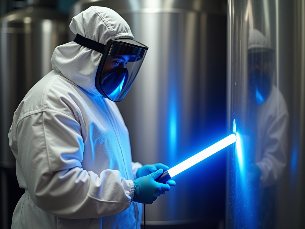 Winemaker using UV light to clean a fermentation tank.