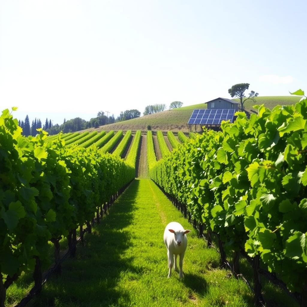 Sunlit Sonoma County vineyard with grazing sheep and solar panels