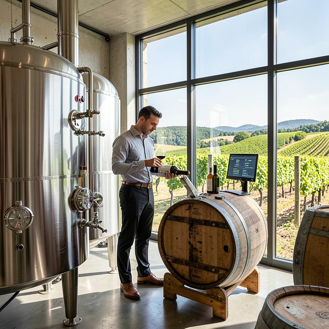 Modern winemaker in a high-tech cellar respecting terroir