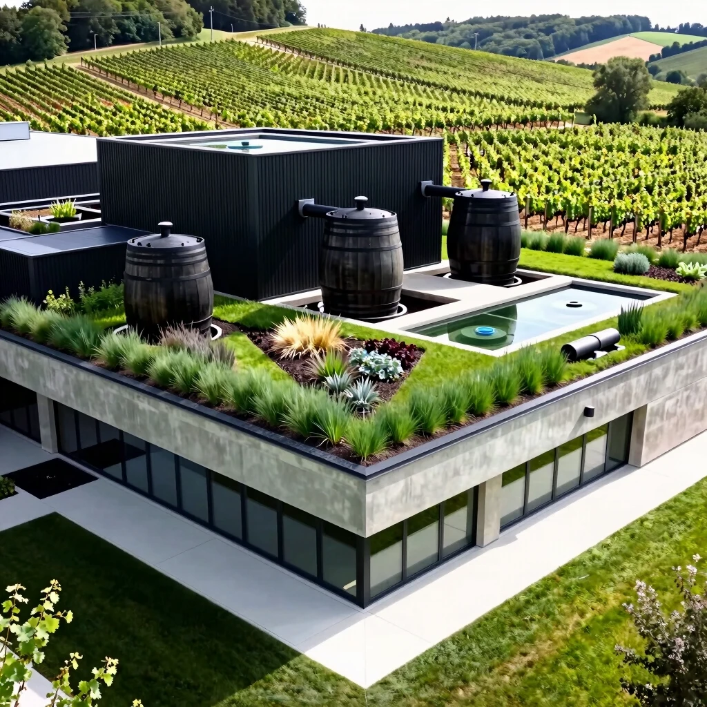 Modern sustainable winery with green roof surrounded by vineyards