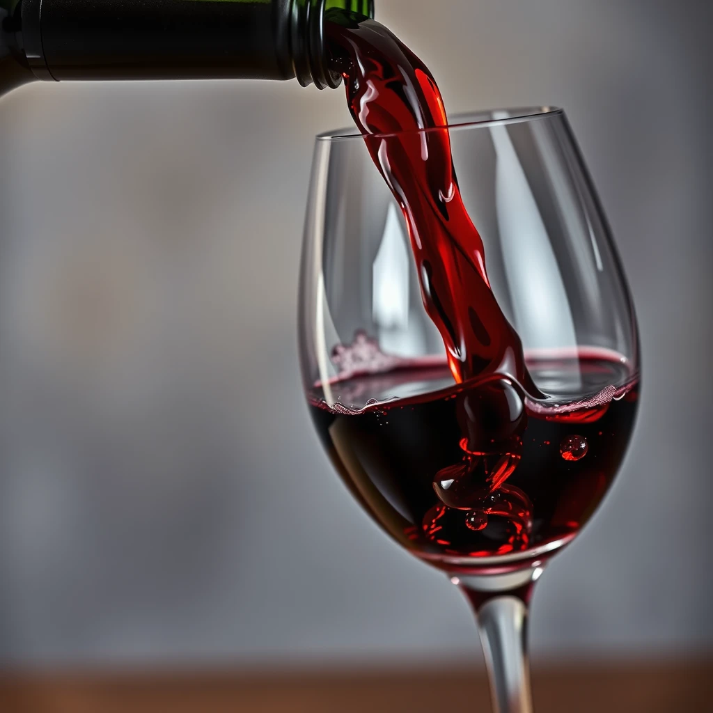 Close-up of red wine being poured, displaying deep ruby color and legs on the glass