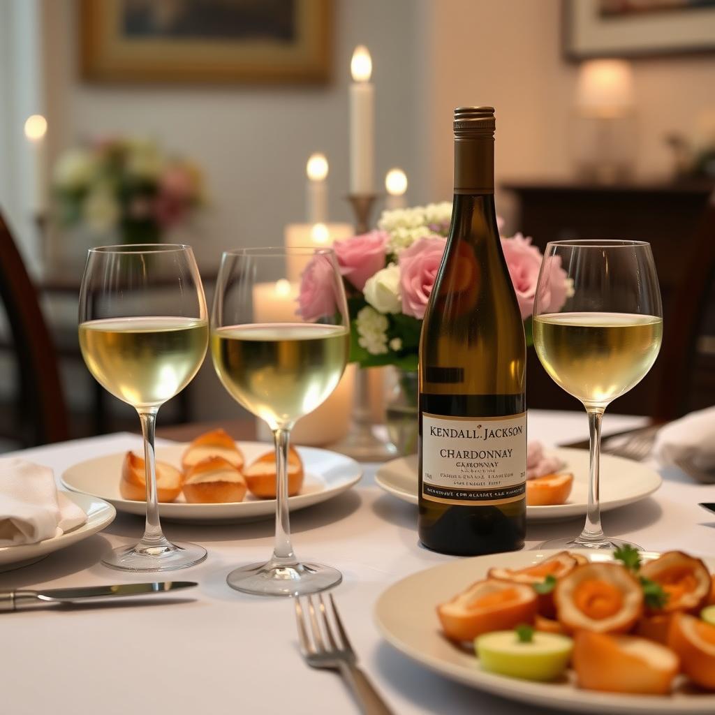 Dining table with Kendall-Jackson Chardonnay, wine glasses, and appetizers for a dinner party