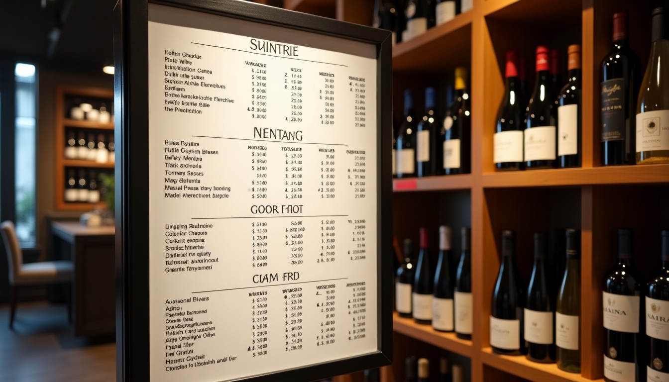 A close-up of a price list of wines on a board in a wine shop, highlighting both affordable and premium selections.