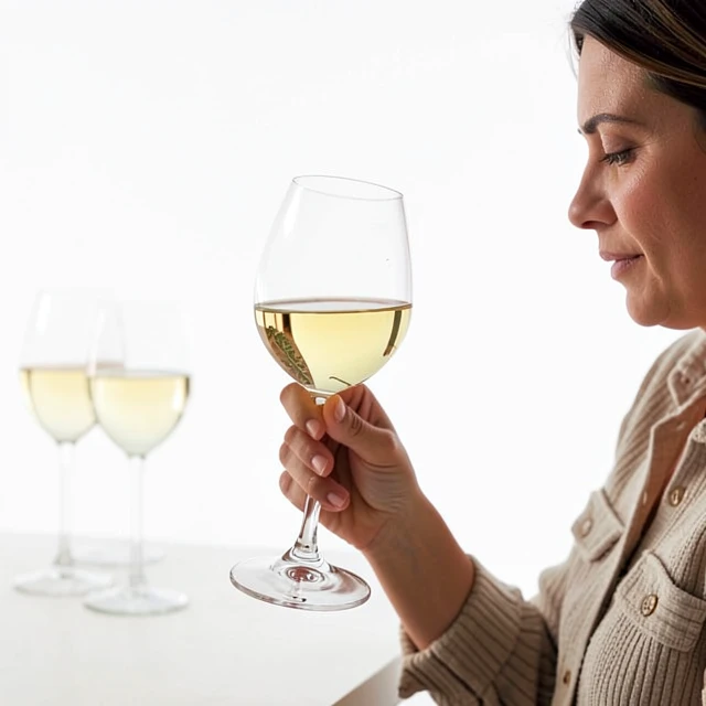 Examining the color of wine by holding the glass to the light