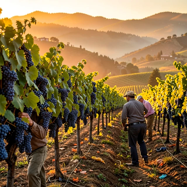 Golden hour grape harvest at Beringer Vineyards in Napa Valley