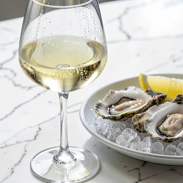 Crisp white wine paired with fresh oysters on a plate