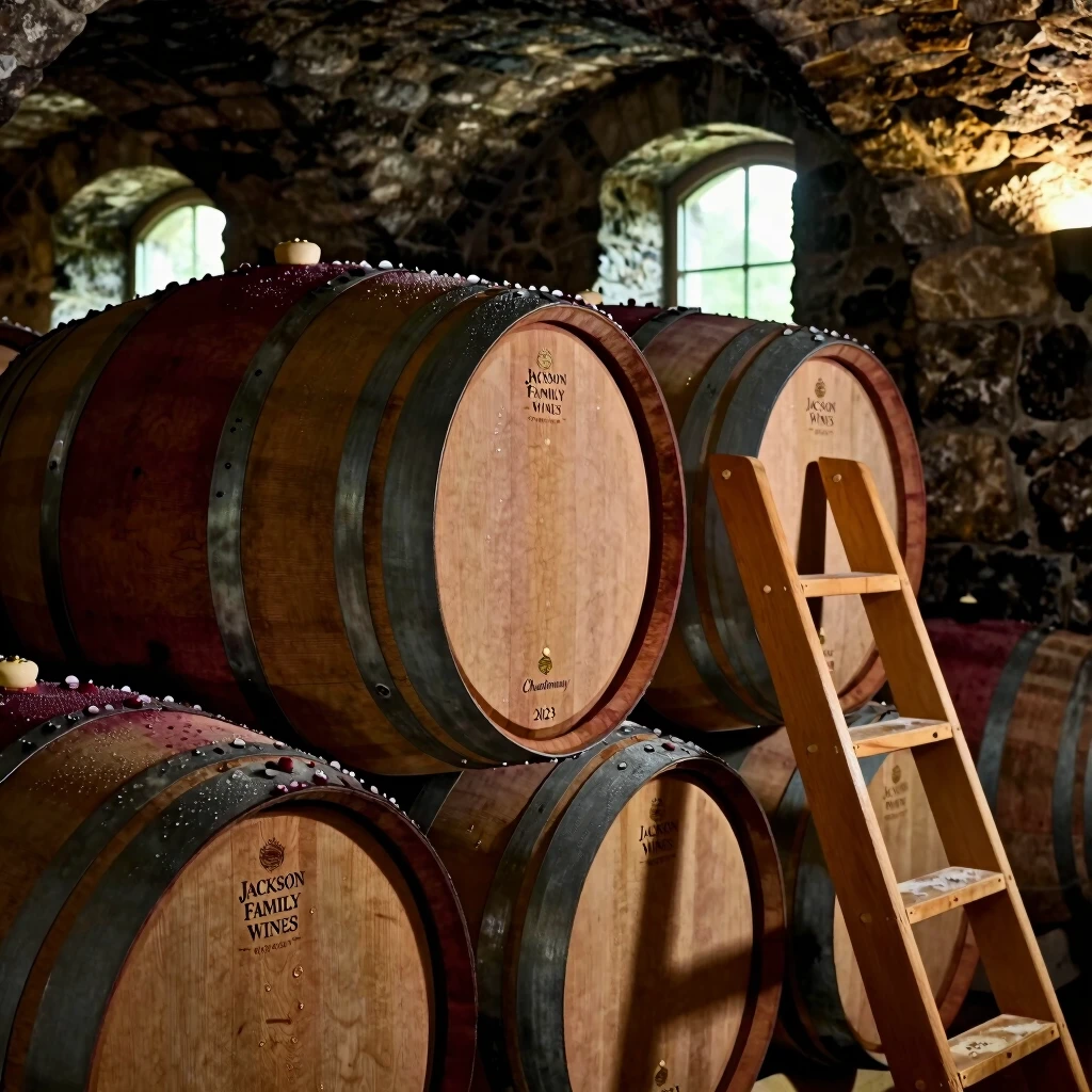 Oak barrels aging in a historic wine cellar