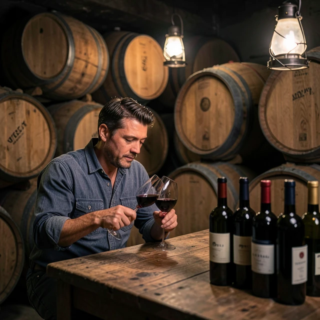 Family winemaker examining wine in a traditional California cellar