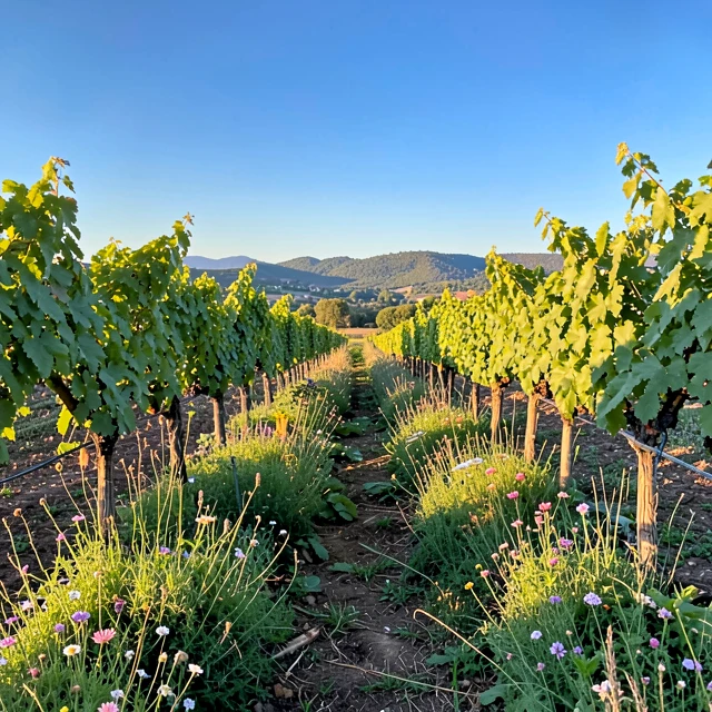 Beautiful organic vineyard showcasing biodiversity with cover crops and healthy vines