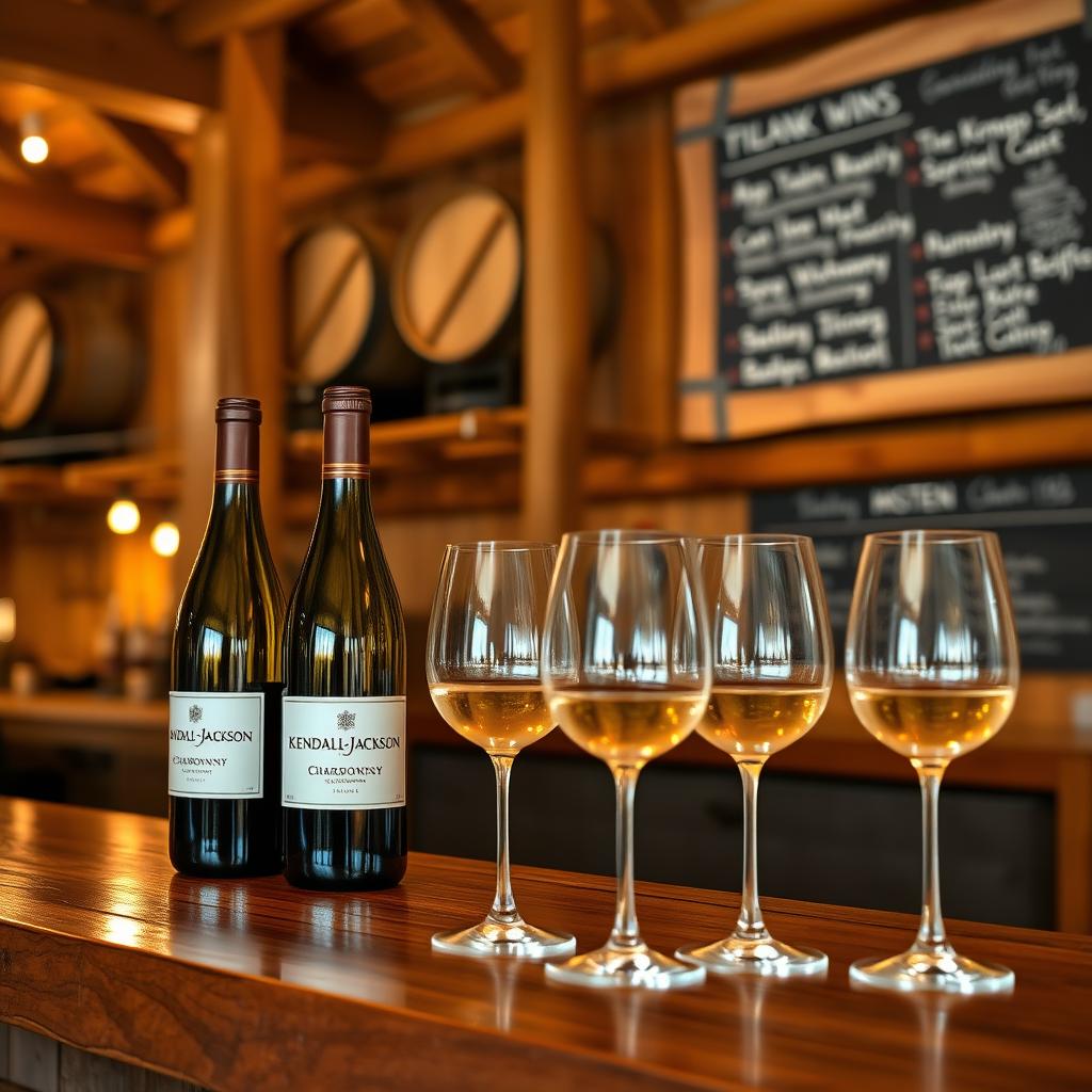 Kendall-Jackson winery tasting room with Vintner’s Reserve Chardonnay bottles and glasses
