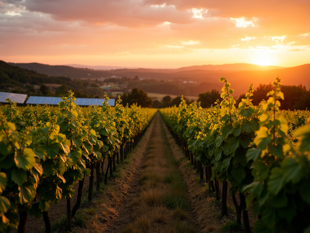 Vineyard at sunset with solar panels in the background