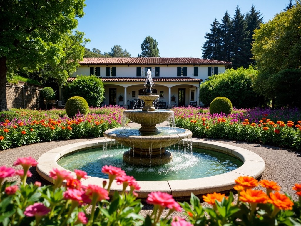 A serene view of the Rhine House garden with a classic fountain and blooming flowers at Beringer.