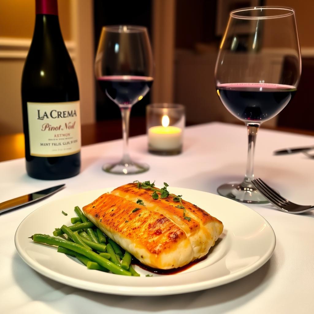 Grilled salmon dinner with a bottle of La Crema Pinot Noir
