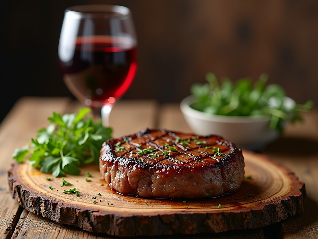Red wine with steak on rustic table