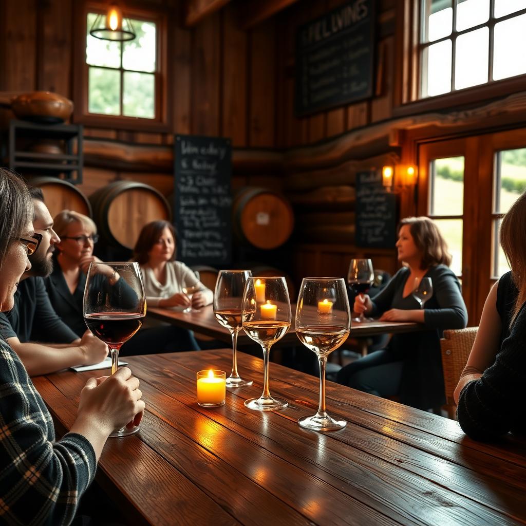 A cozy winery tasting room with guests enjoying a wine tasting.