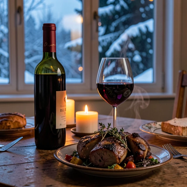 Cozy winter dinner table with red wine and hearty meal