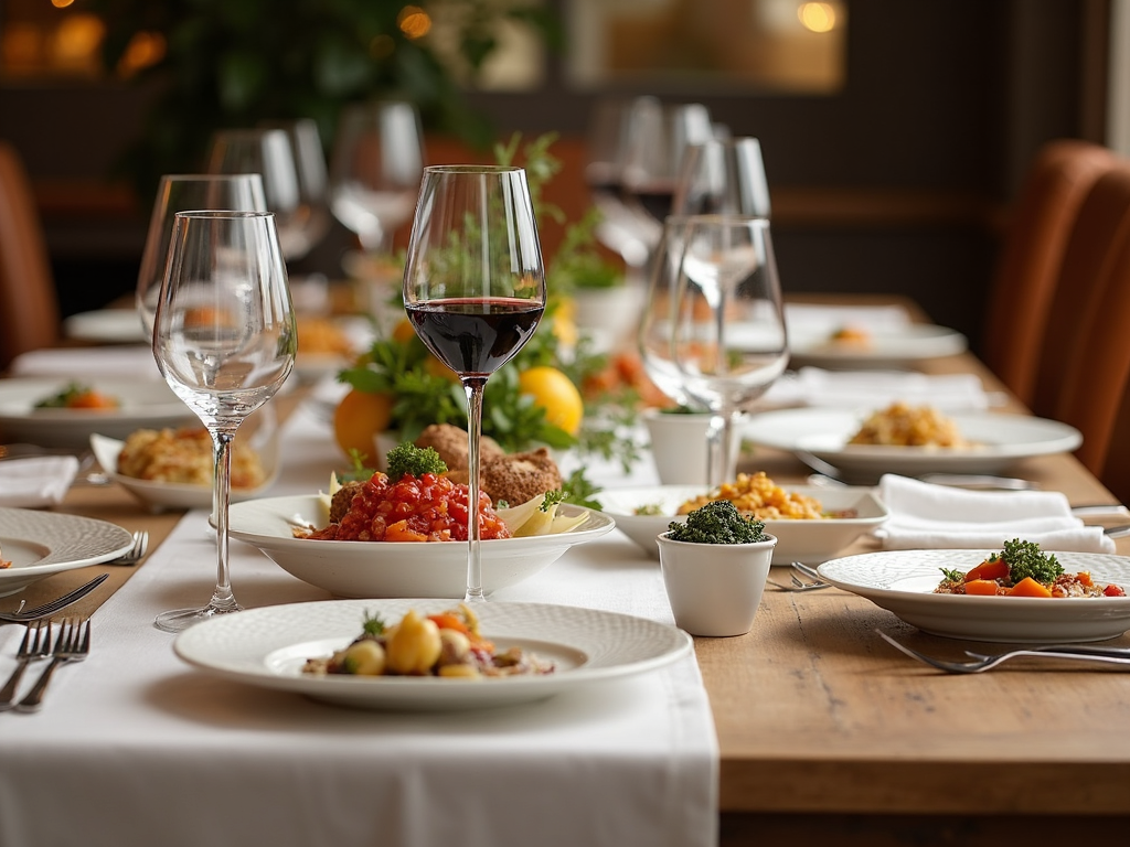 A dining table set with food and wine for pairing.