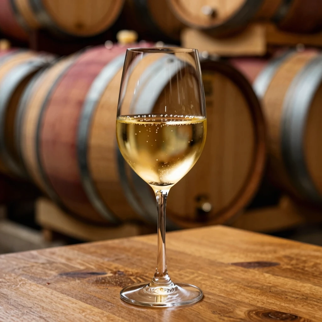 Glass of classic California Chardonnay with oak barrels