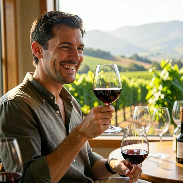 Wine enthusiast tasting vibrant organic red wine with Napa vineyard view