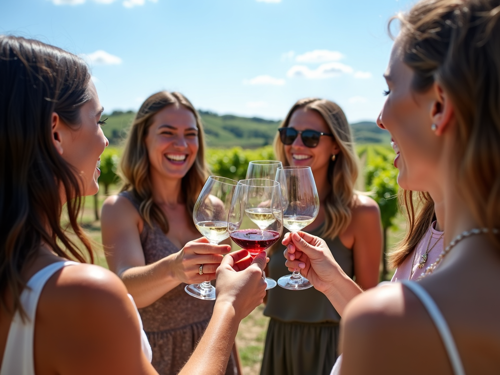 Friends toasting with wine glasses at a vineyard event.
