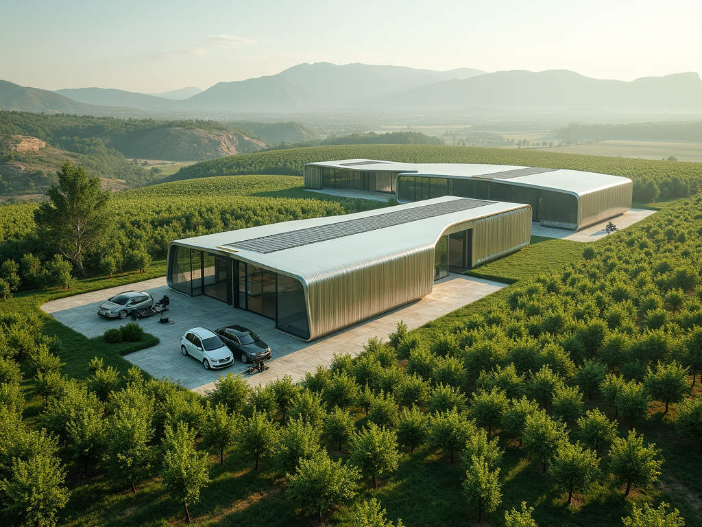 Conceptual view of a modern winery using advanced tech for sustainability.
