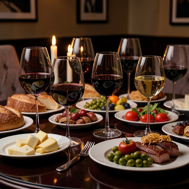Diverse food and wine pairing setup on a dining table