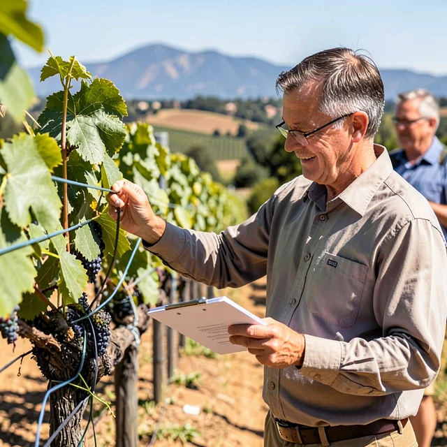 Third-party auditor inspecting sustainable vineyard practices in California
