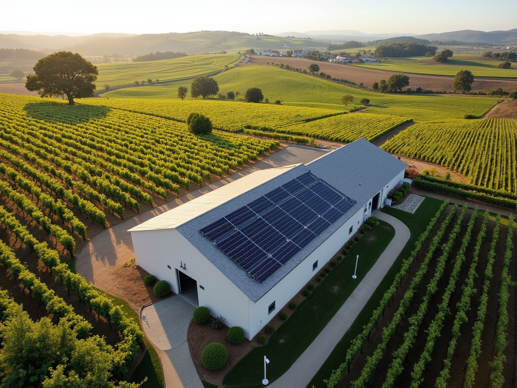Winery with solar panels on roof and fields