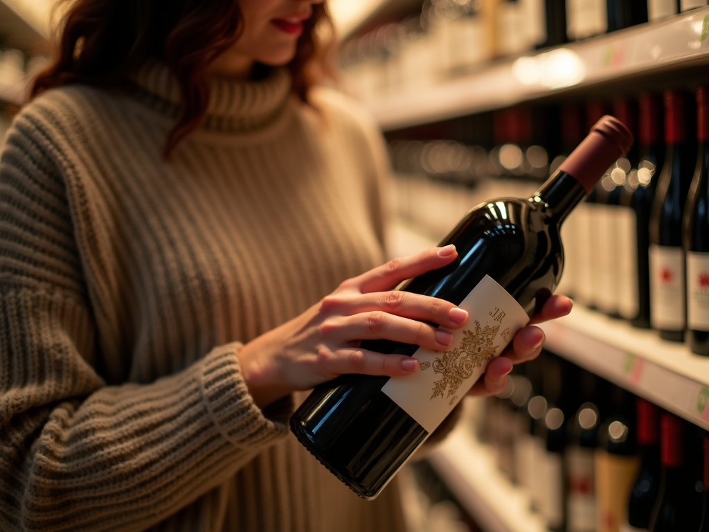 Person studying wine label in shop