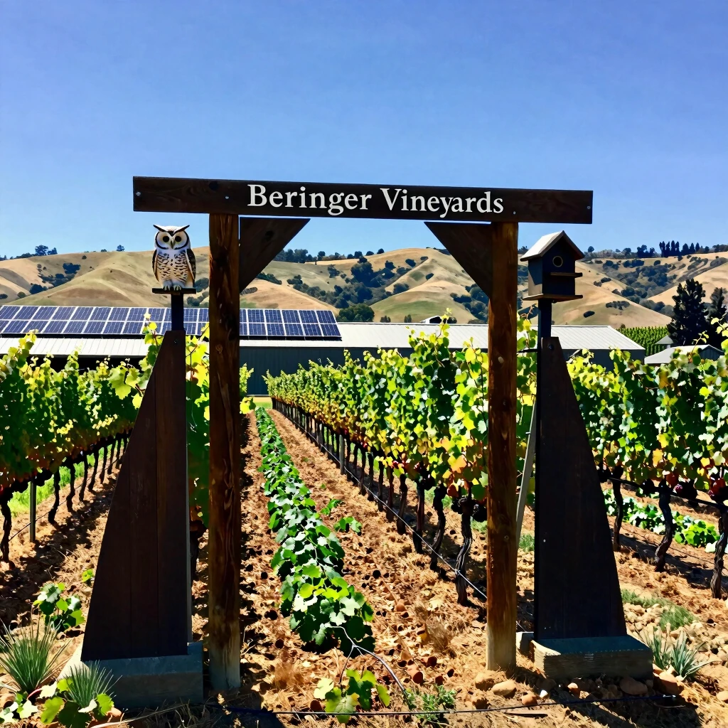 Sustainable vineyard practices at Beringer Vineyards featuring cover crops, solar energy, and wildlife habitats