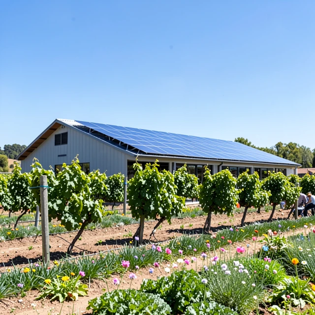 Solar-powered winery nestled in a regenerative vineyard landscape
