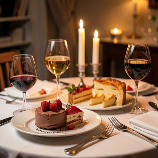 Beautiful dessert table featuring chocolate mousse, strawberry shortcake, apple pie, and paired wines