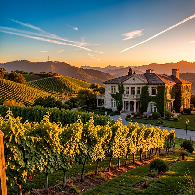 Sunset over Beringer Vineyards showcasing historic architecture and verdant hills
