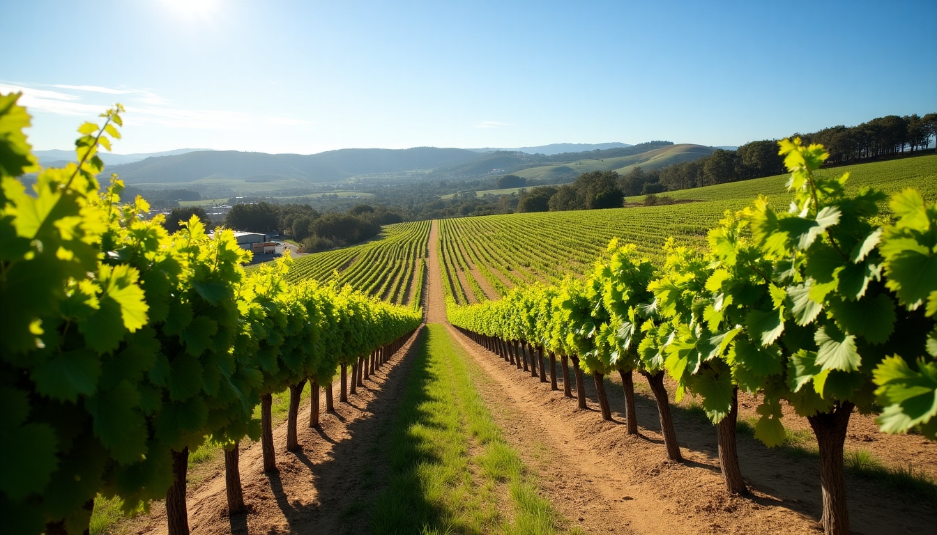 Sun-drenched vineyard in Sonoma County, capturing the lush grapevines and scenic backdrop.