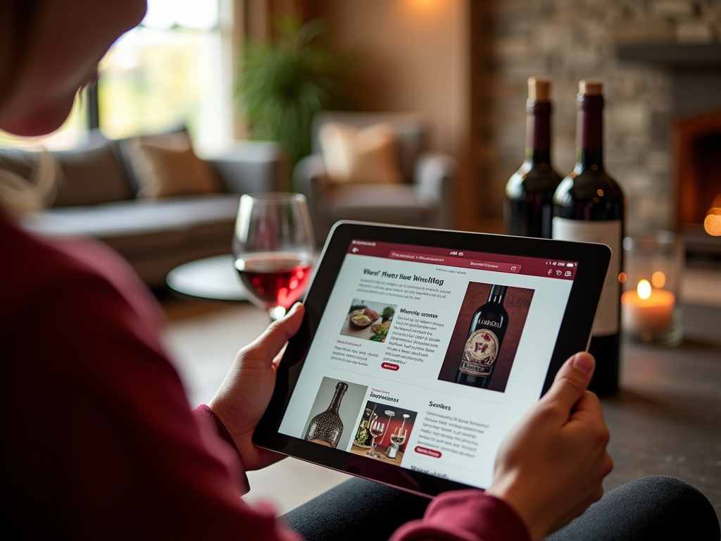 Person browsing WineMag.com with wine nearby