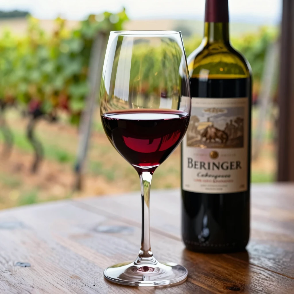 Glass and bottle of Beringer Cabernet Sauvignon red wine