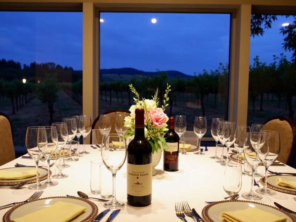 Elegant wine pairing dinner setup with vineyard view