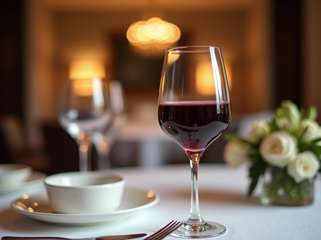 Close-up shot of a glass of Beringer Merlot showcasing its deep red color.