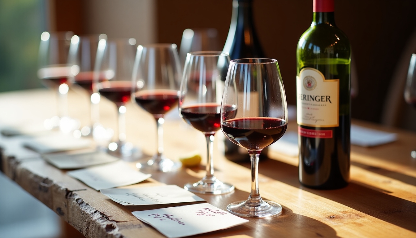 Tasting setup with Beringer wine glasses and bottle on a rustic table