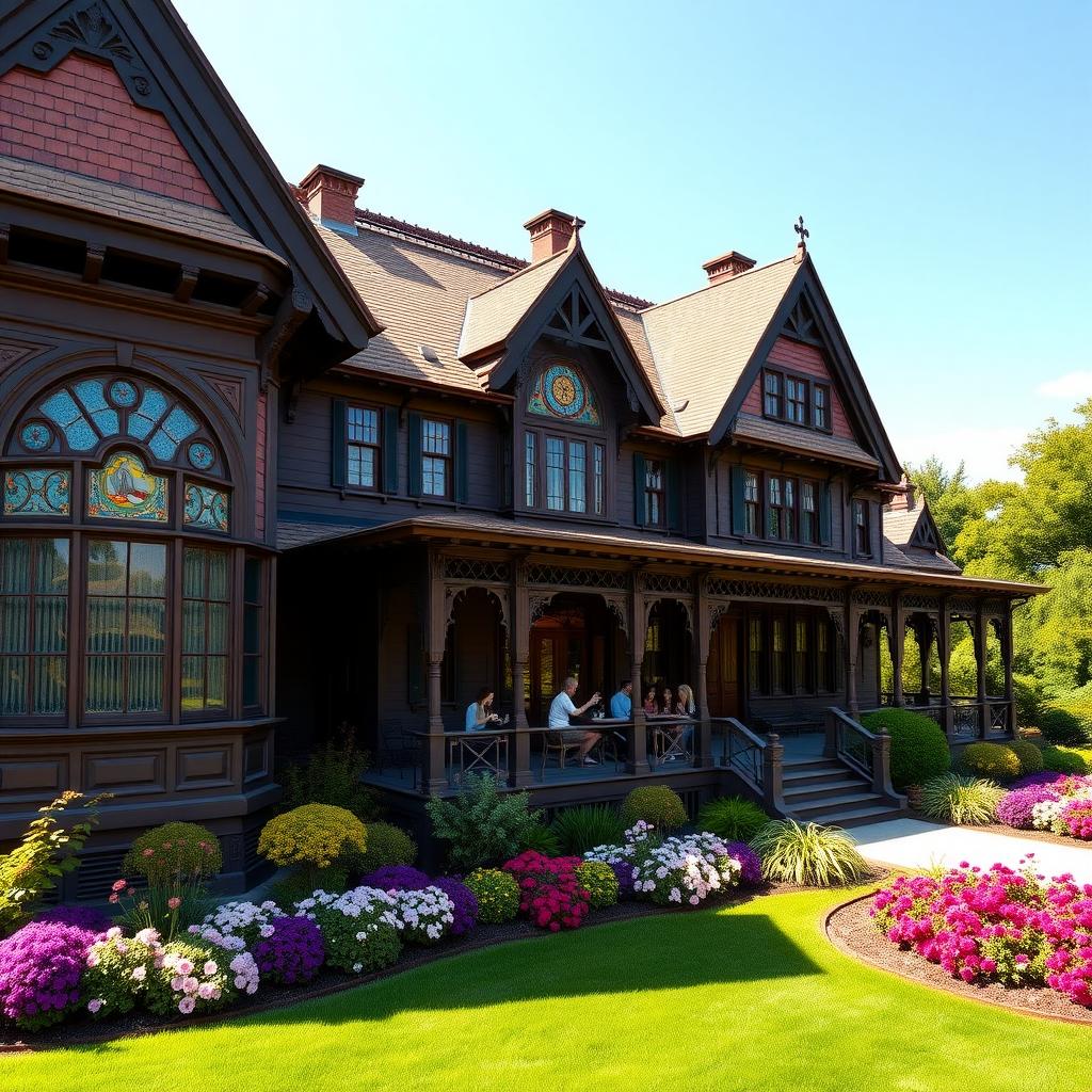 Beringer Vineyards’ Rhine House with visitors enjoying wine on the veranda