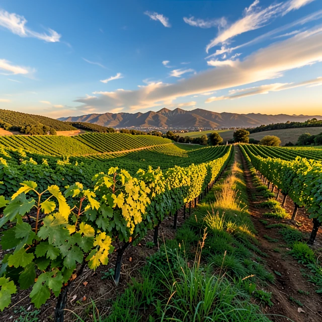 Beautiful Napa Valley vineyards at sunset with rows of grapevines