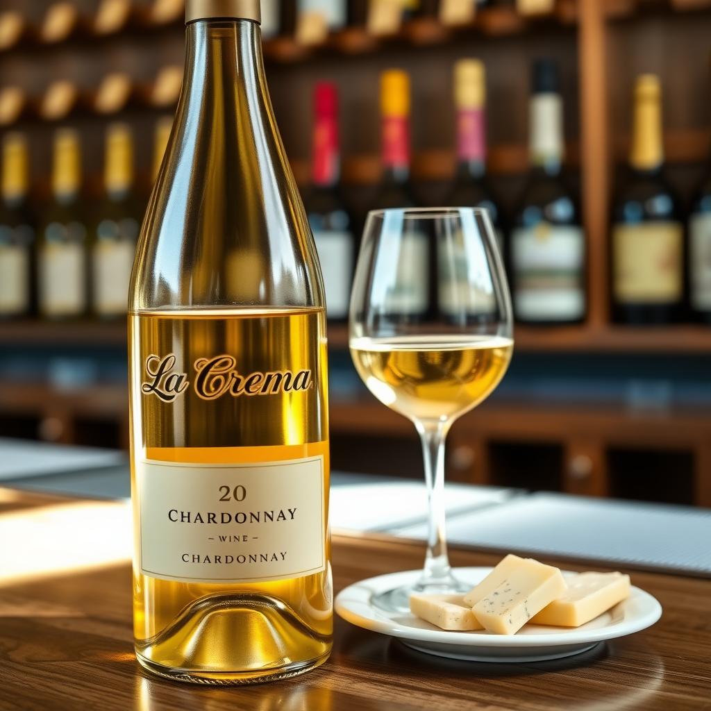 La Crema Chardonnay bottle and glass on a tasting bar with artisan cheese and wine bottles in the background.