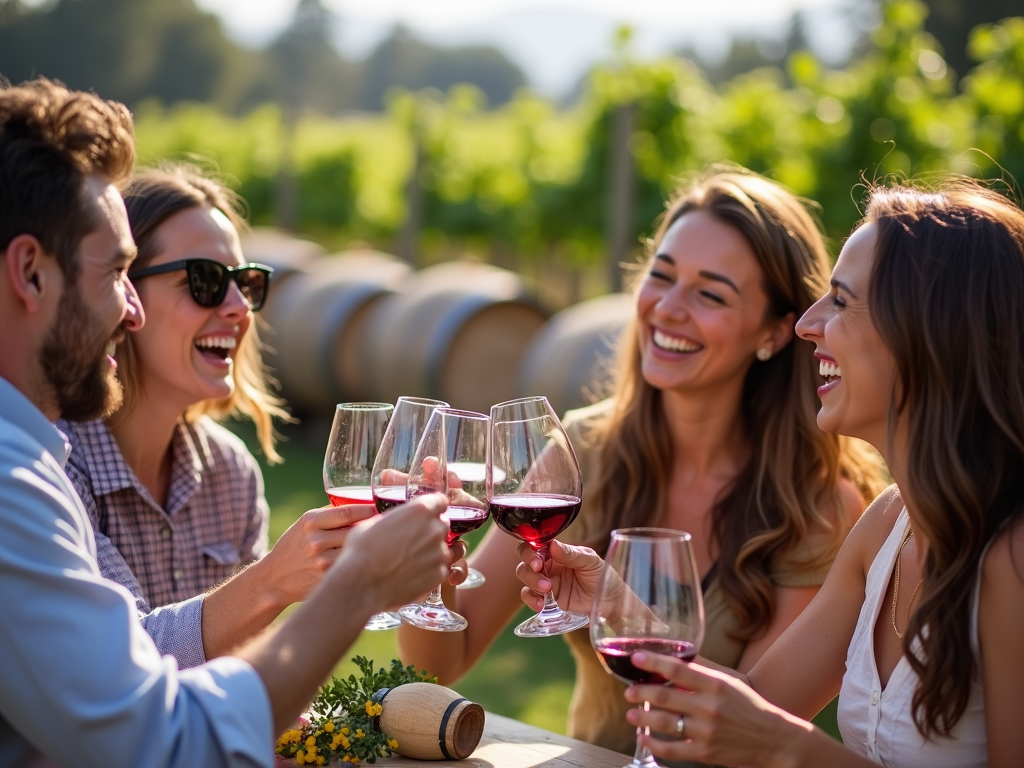Friends enjoying Beringer wine tasting with barrels in background