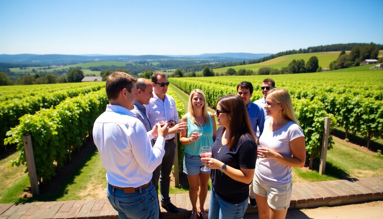 A private group of wine enthusiasts enjoying a personalized tour with a Beringer guide in the vineyard.