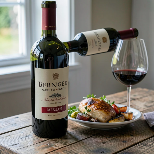 Beringer Merlot bottle paired with roasted chicken on a dining table