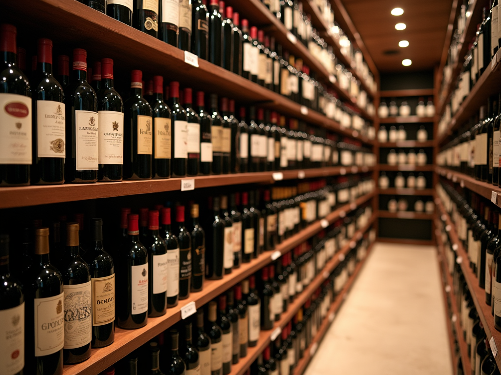 A well-stocked wine cellar featuring top brands.