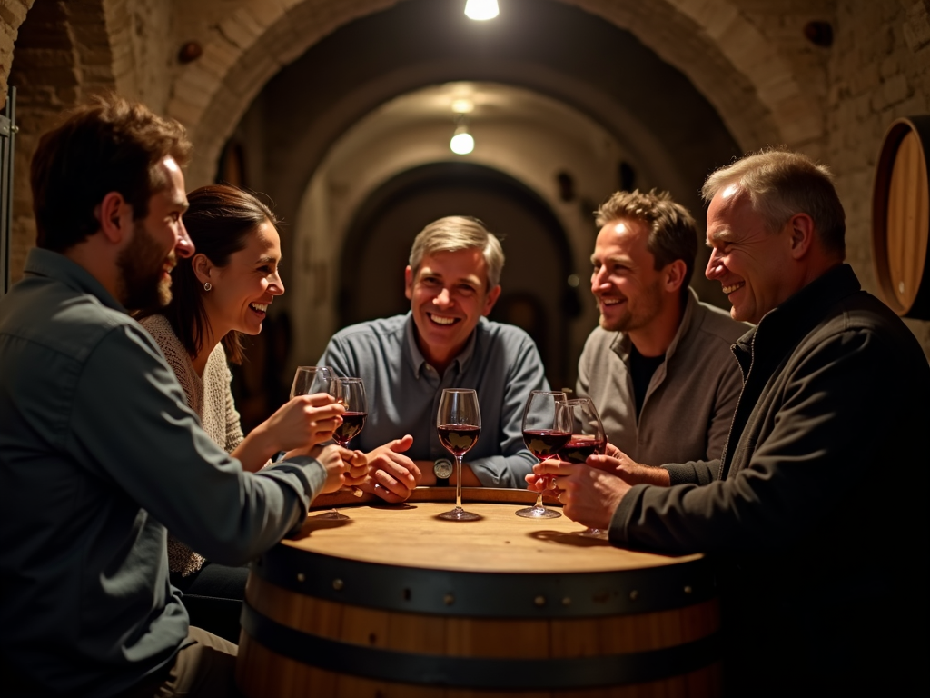 Winemakers sharing wine in cellar