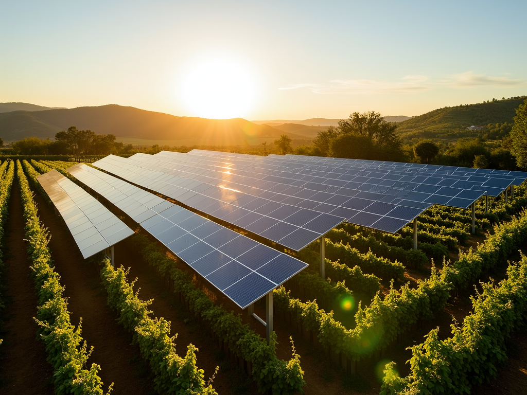 Solar panels powering a sustainable vineyard
