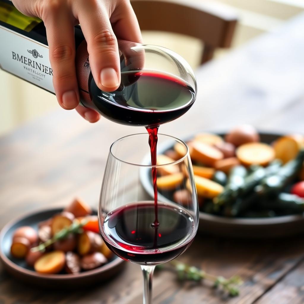 Pouring Beringer Merlot into a crystal glass with roasted vegetables on a rustic wooden table.